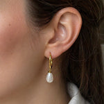 Sterling Silver Pearl Teardrop Huggie Earrings, 18K Gold Finish