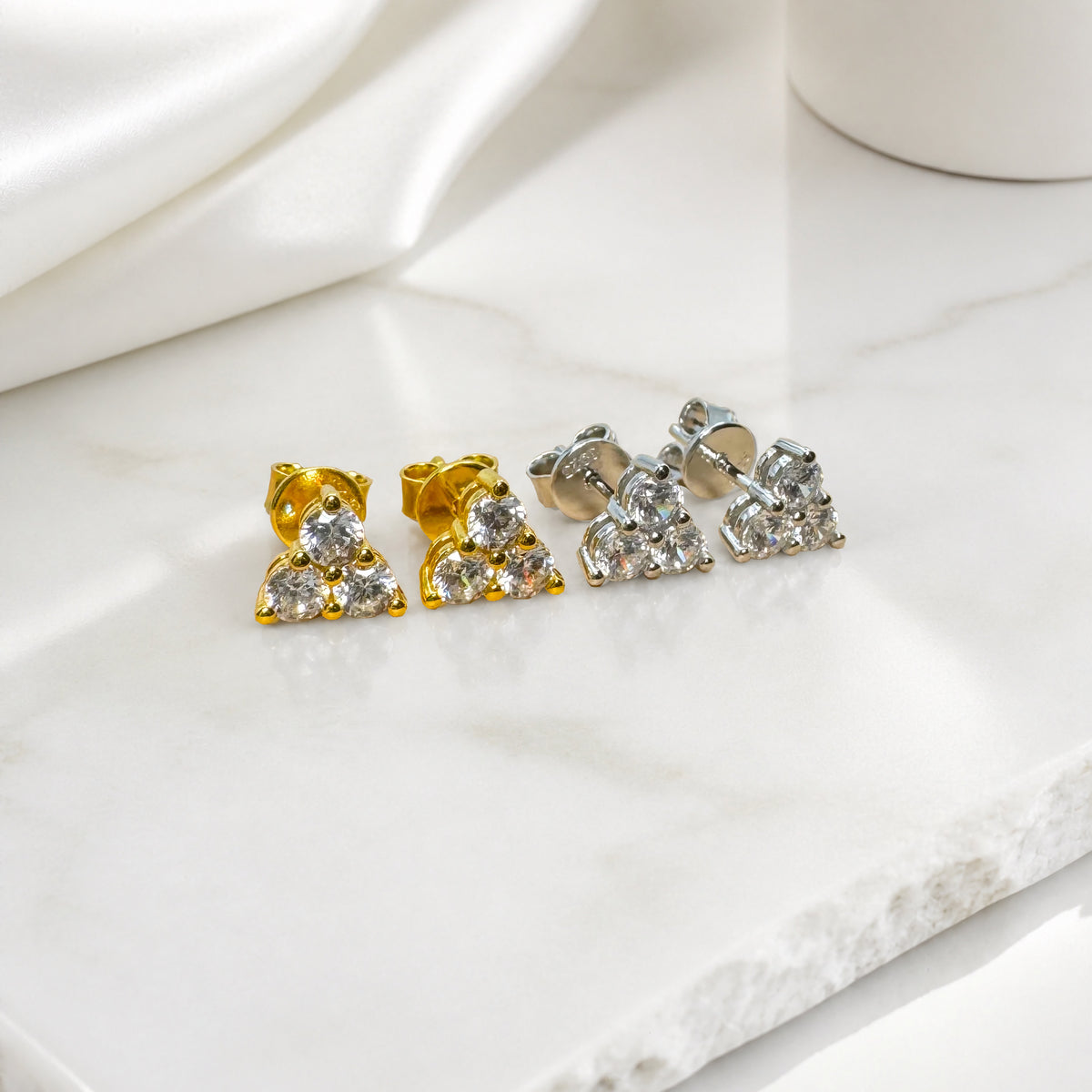 Three Stone Trinity Cluster Stud Earrings in 925 Sterling Silver