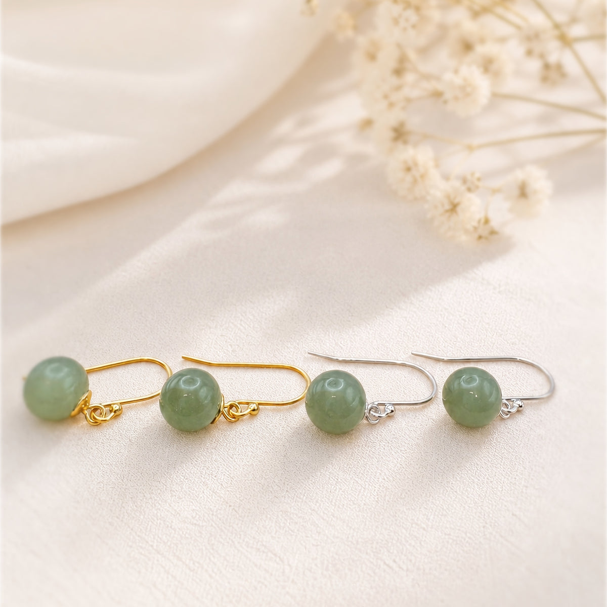 Sterling Silver Jade Drop Earrings, 18K Gold Finish