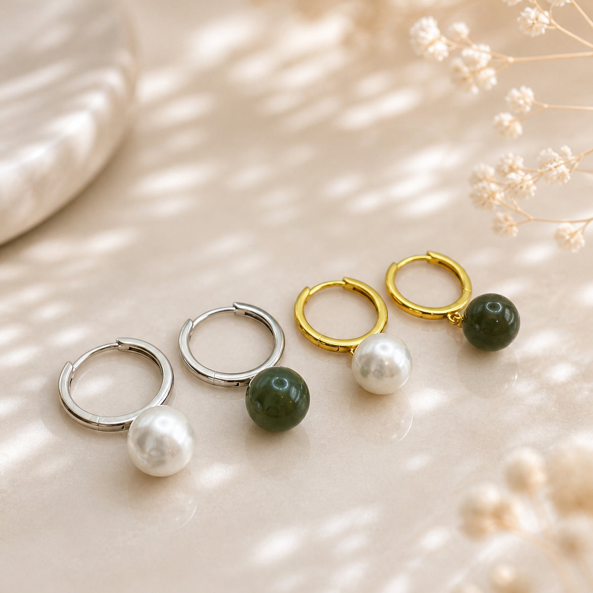 Pearl Drop Huggie Hoop Earrings in Sterling Silver
