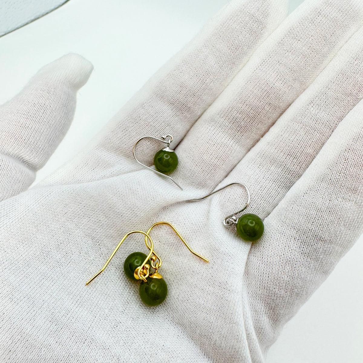 Sterling Silver Jade Drop Earrings, 18K Gold Finish