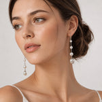 Sterling Silver Long Pearl Drop Earrings, 18K Gold Finish