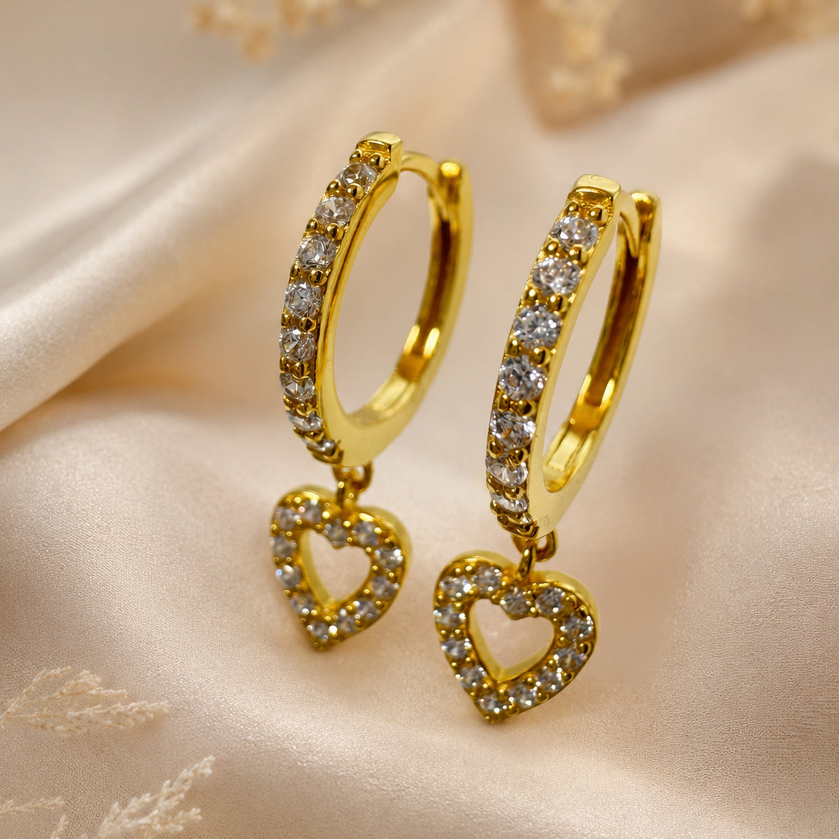 Sterling Silver Open Heart Huggie Earrings, 18K Gold Finish