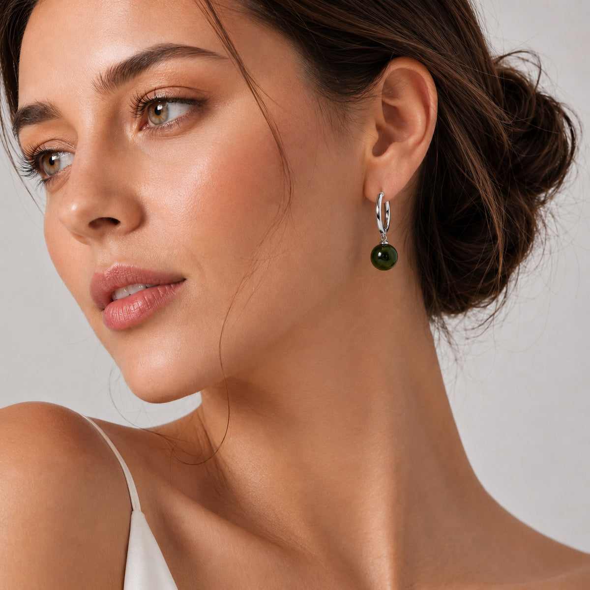 Sterling Silver Jade Drop Huggie Earrings, 18K Gold Finish