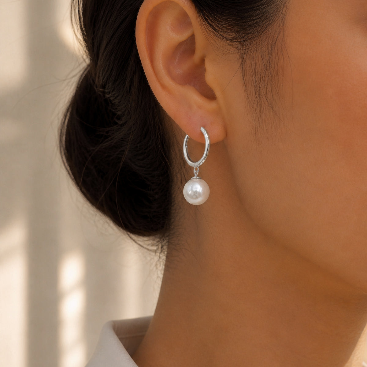 Pearl Drop Huggie Hoop Earrings in Sterling Silver
