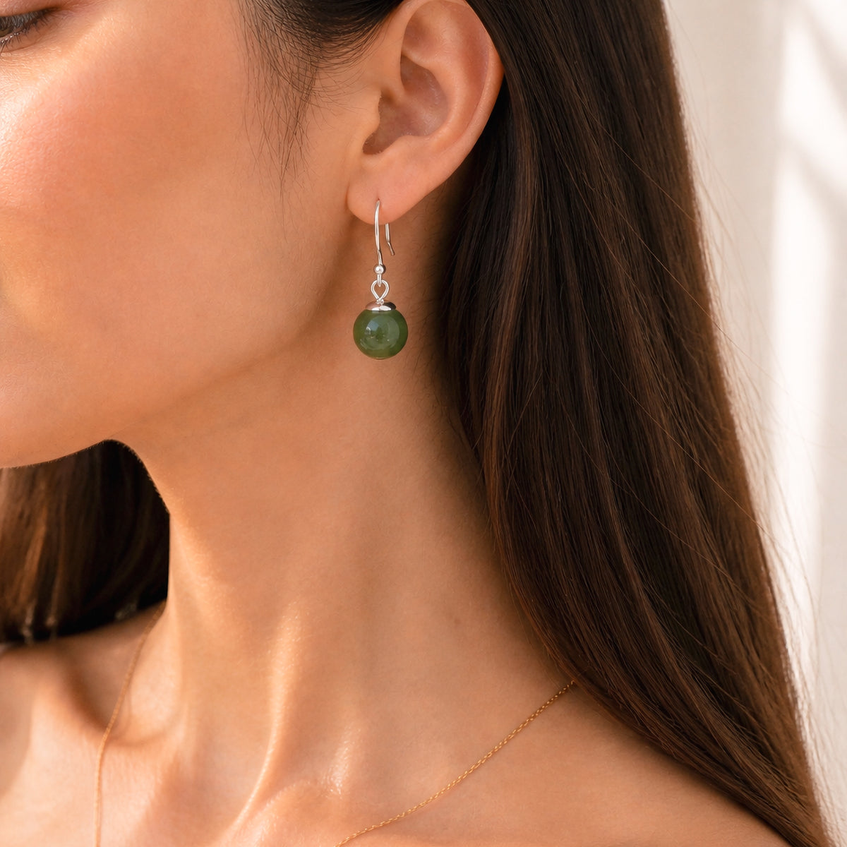 Sterling Silver Jade Drop Earrings, 18K Gold Finish
