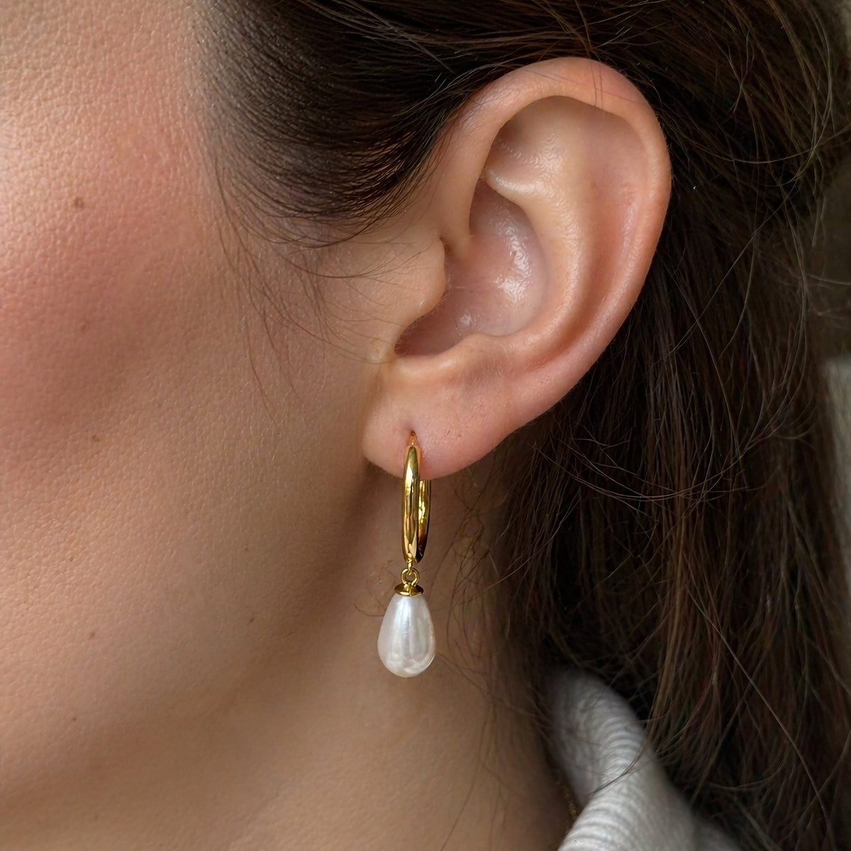 Sterling Silver Pearl Teardrop Huggie Earrings, 18K Gold Finish