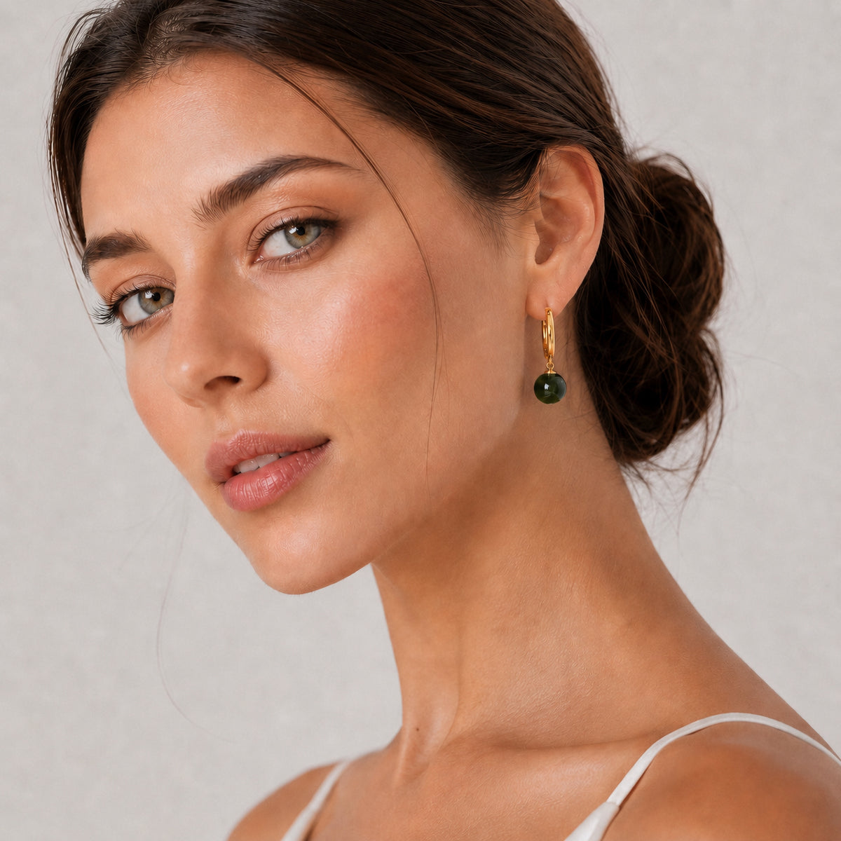 Sterling Silver Jade Drop Huggie Earrings, 18K Gold Finish