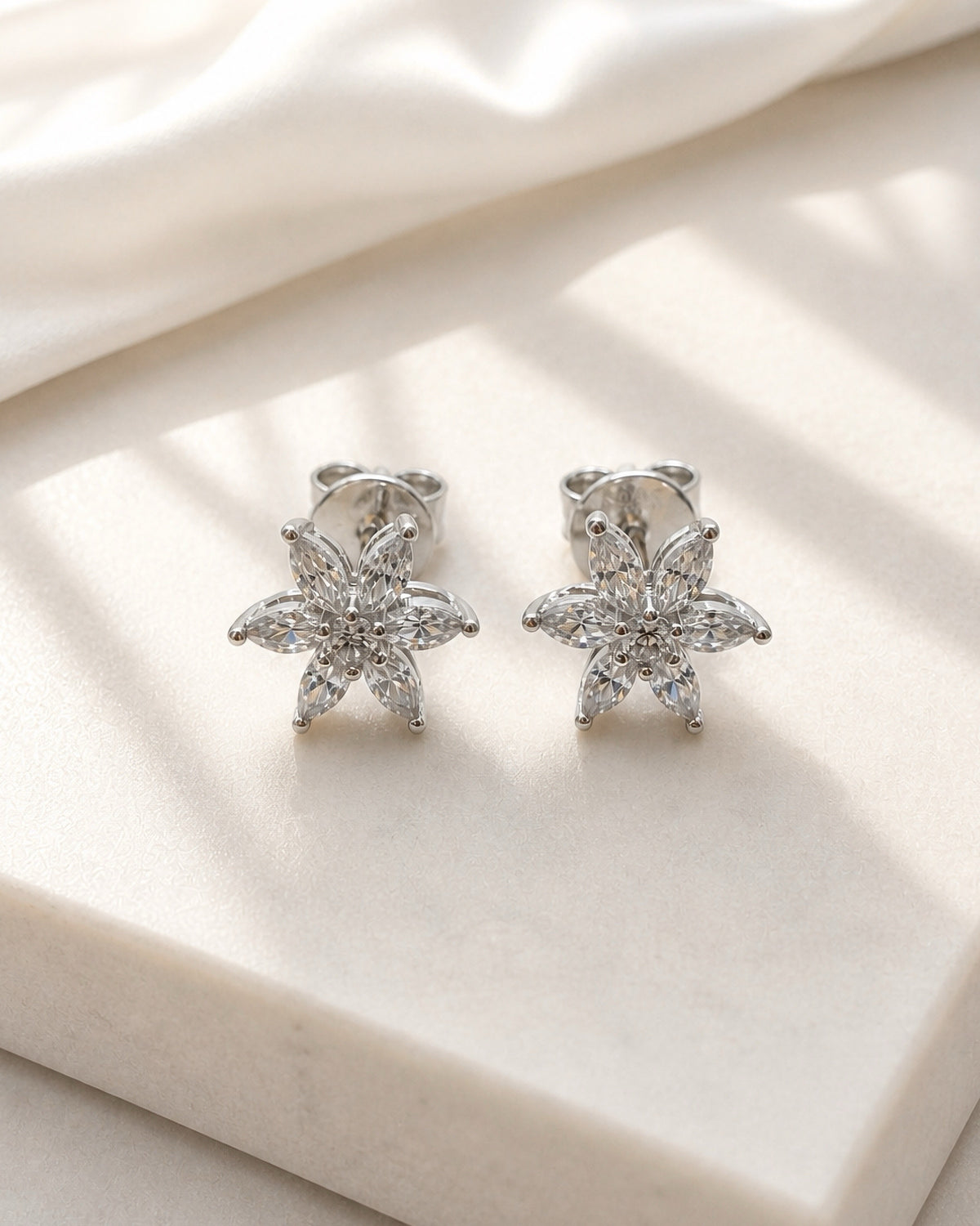 925 Sterling Silver Flower Stud Earrings, 18K Gold Finish or Rhodium Finish
