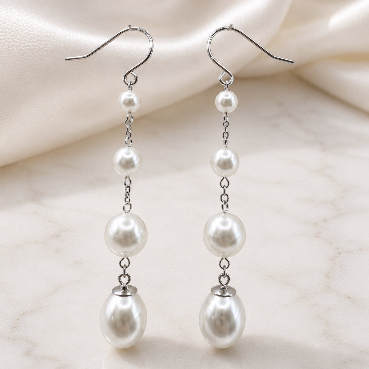 Sterling Silver Long Pearl Drop Earrings, 18K Gold Finish