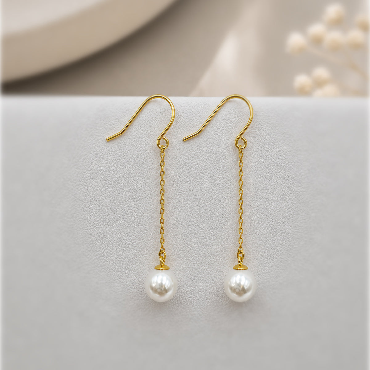 Sterling Silver Pearl Chain Drop Earrings, 18K Gold Finish