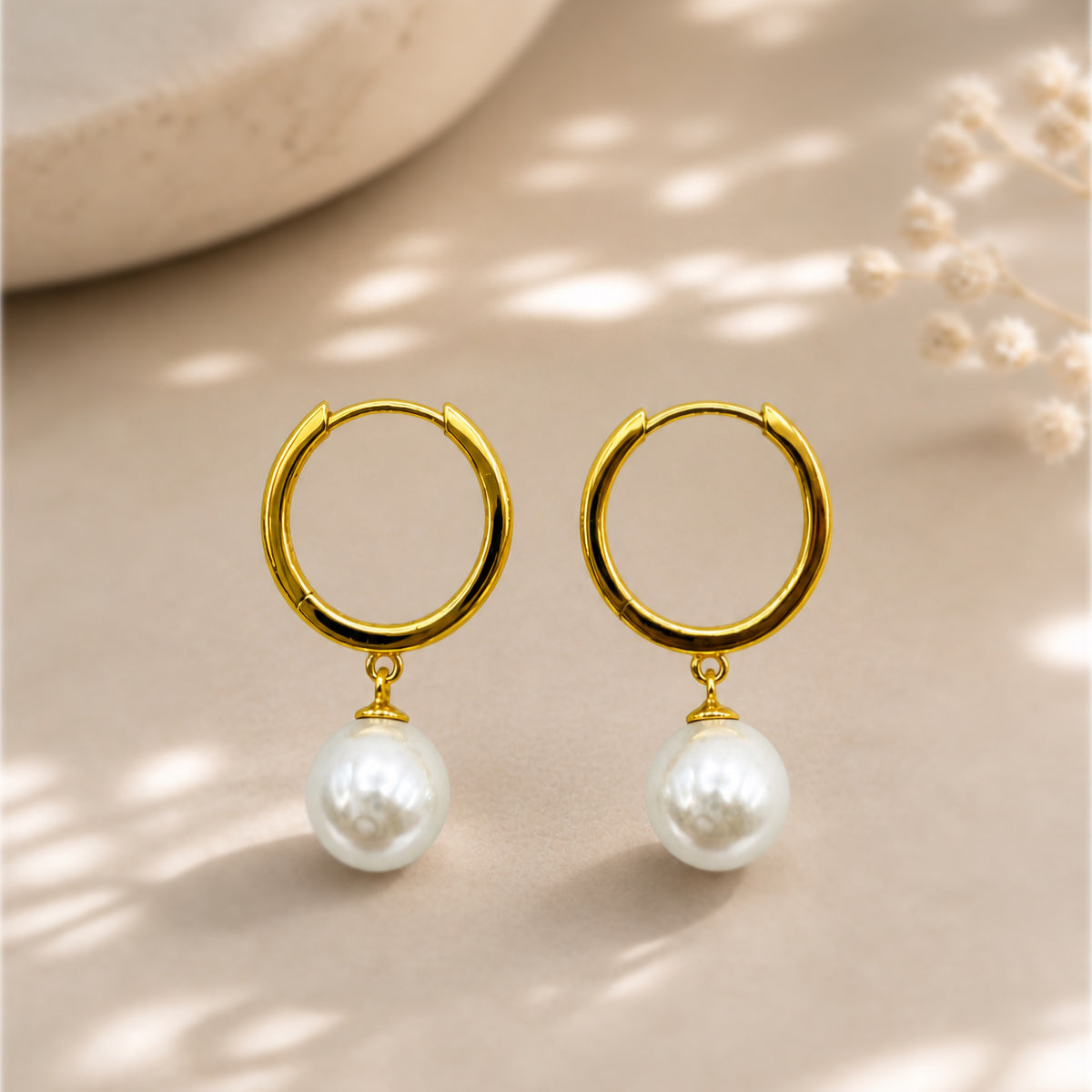 Pearl Drop Huggie Hoop Earrings in Sterling Silver
