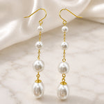 Sterling Silver Long Pearl Drop Earrings, 18K Gold Finish