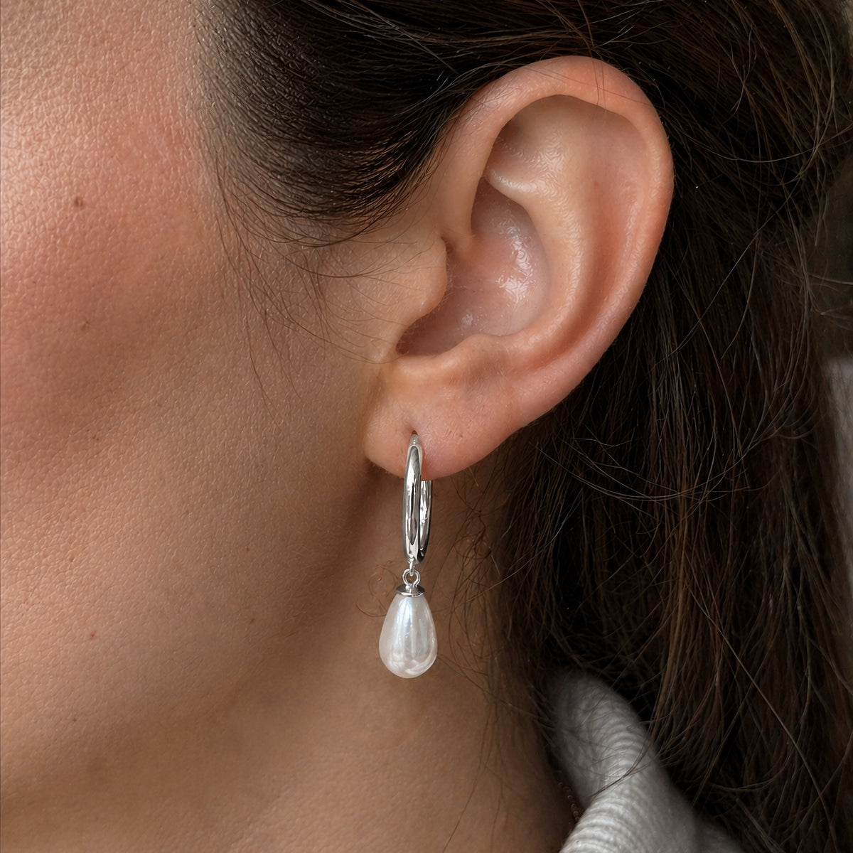 Sterling Silver Pearl Teardrop Huggie Earrings, 18K Gold Finish