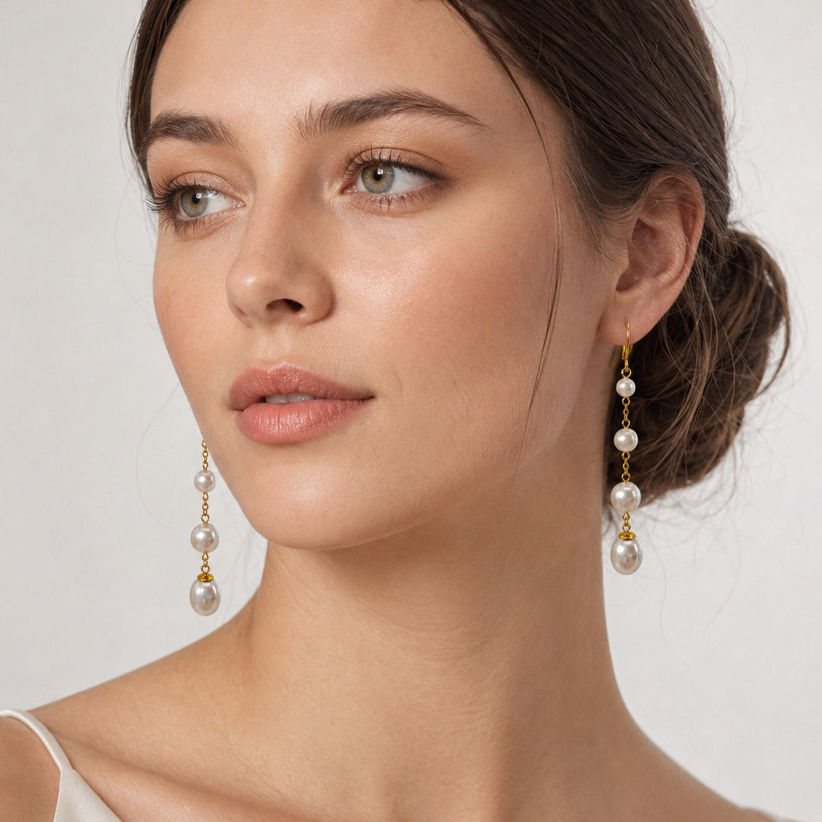 Sterling Silver Long Pearl Drop Earrings, 18K Gold Finish