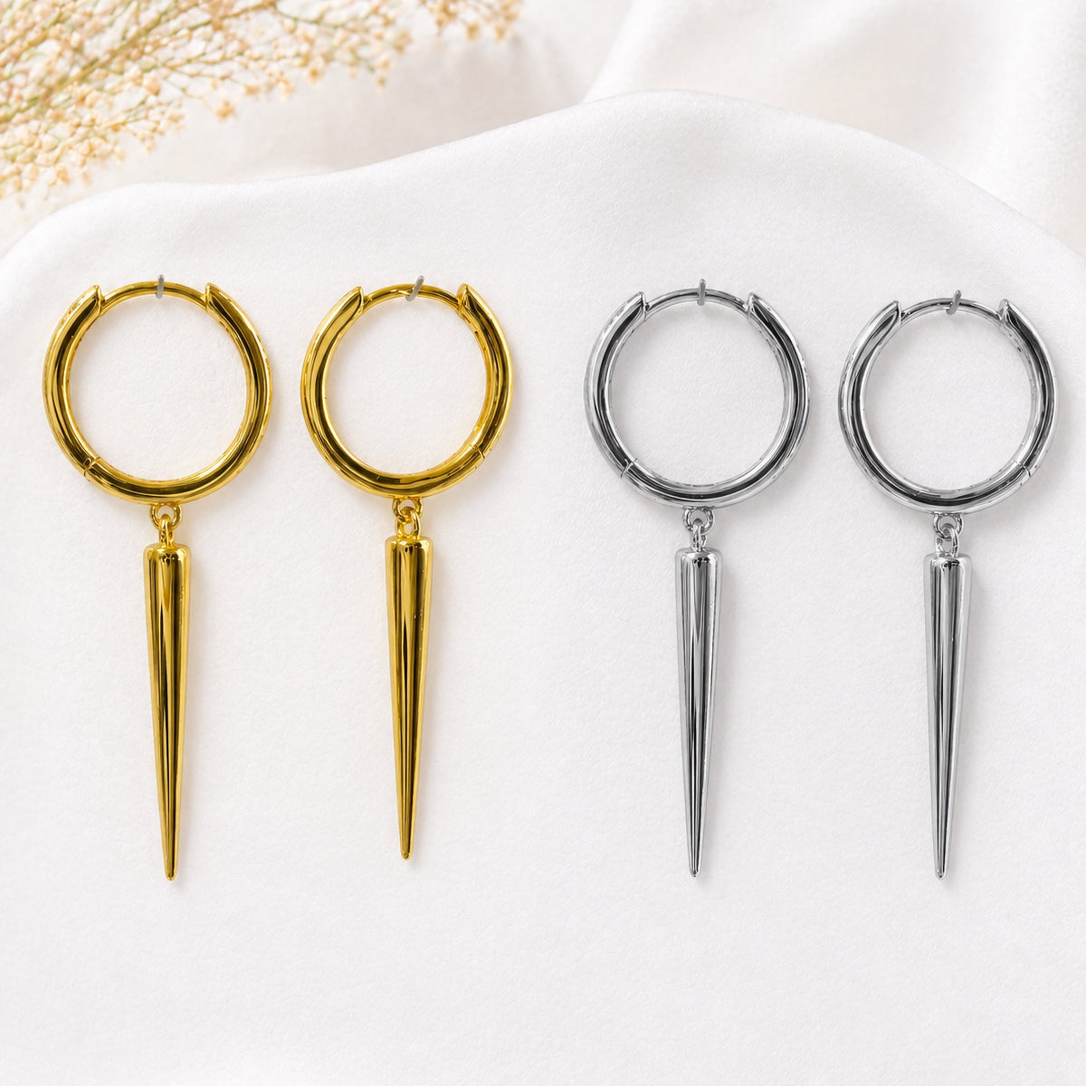 Sterling Silver Spike Huggie Earrings, 18K Gold Finish