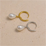 Sterling Silver Pearl Teardrop Huggie Earrings, 18K Gold Finish