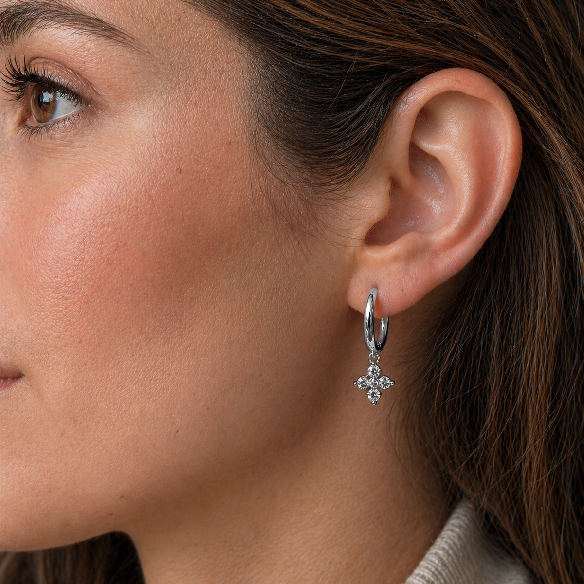 Sterling Silver Floral Huggie Earrings, 18K Gold Finish