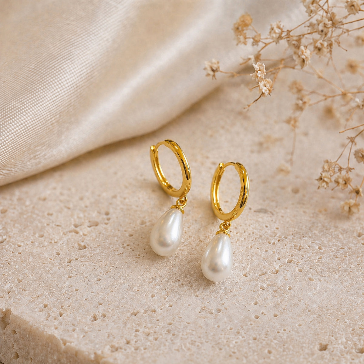 Sterling Silver Pearl Teardrop Huggie Earrings, 18K Gold Finish