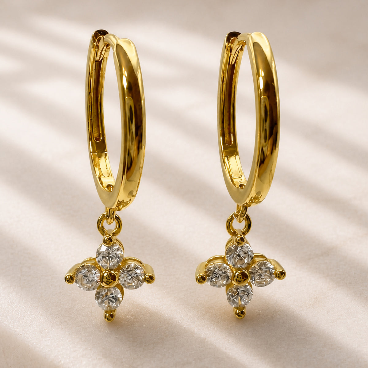 Sterling Silver Floral Huggie Earrings, 18K Gold Finish