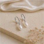 Sterling Silver Pearl Teardrop Huggie Earrings, 18K Gold Finish