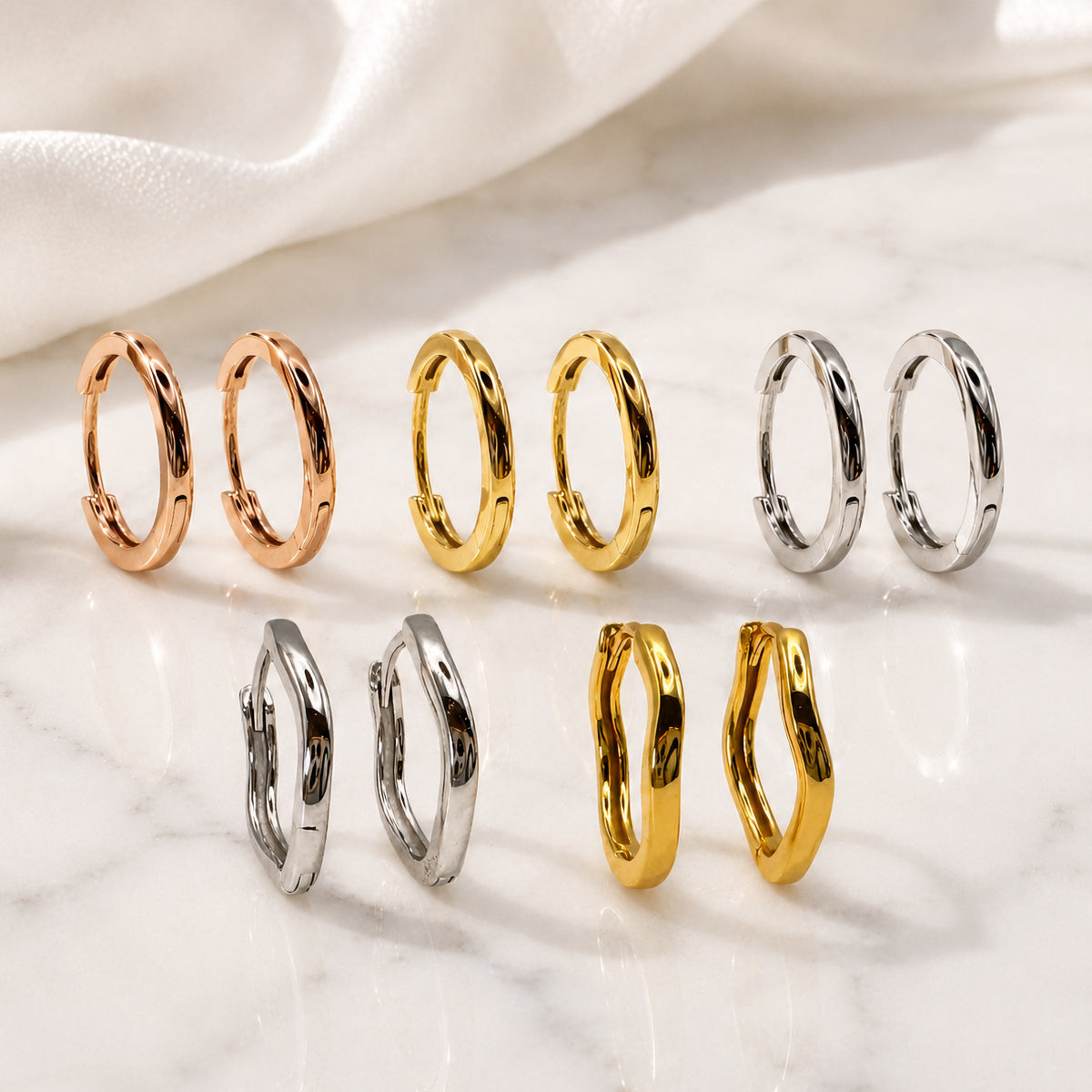 Sterling Silver Wavy Huggie Hoop Earrings, 18K Gold Plated Organic Hoops, Small Hinged Earrings